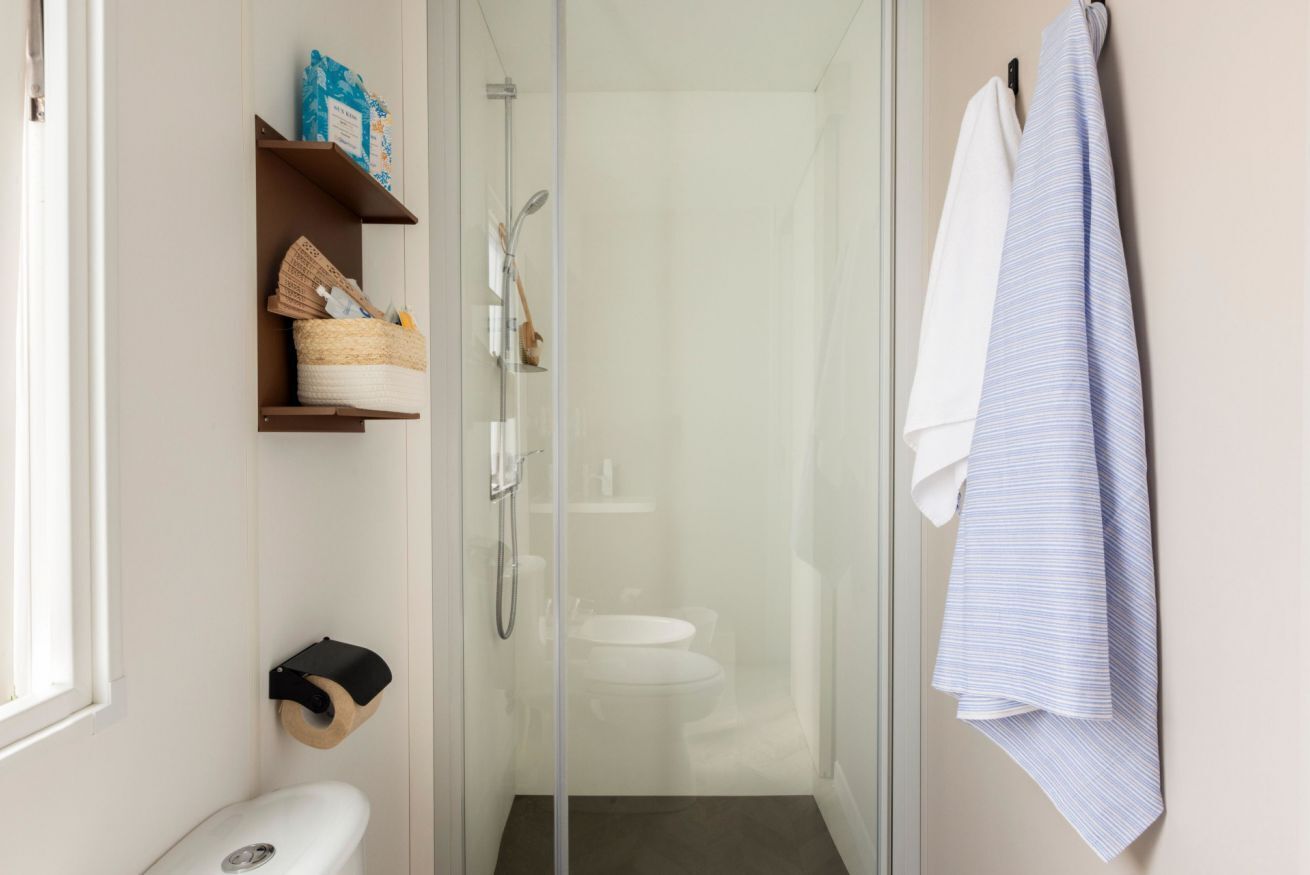 Shower, hair dryer, bidet, towels