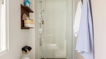 Shower, hair dryer, bidet, towels