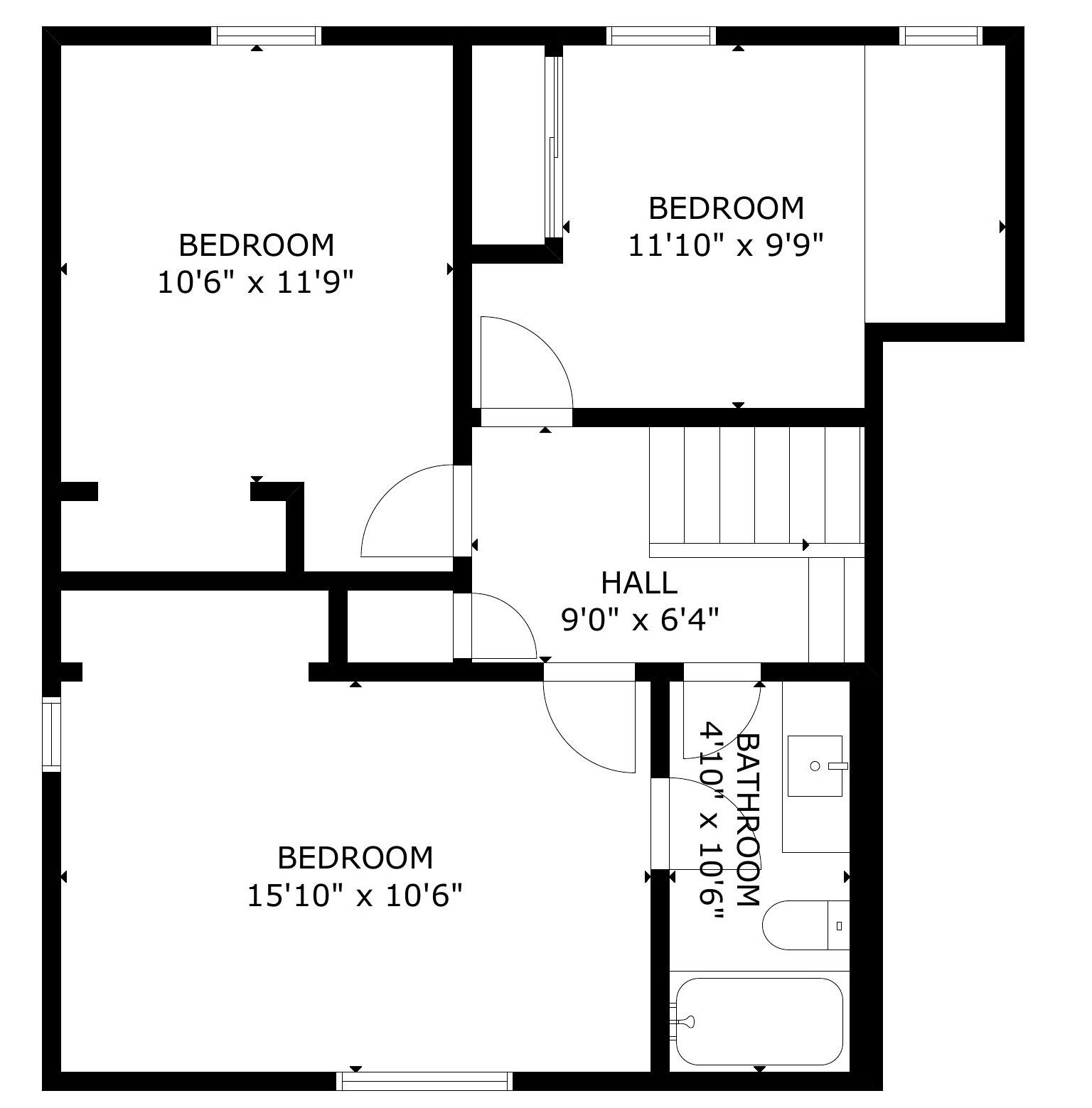 A floor plan with three bedrooms, one bathroom, and a hall.