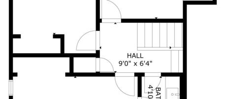 A floor plan with three bedrooms, one bathroom, and a hall.