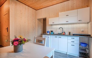 Fridge, stovetop, dishwasher, coffee/tea maker