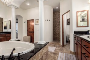 Shower, jetted tub, hair dryer, towels