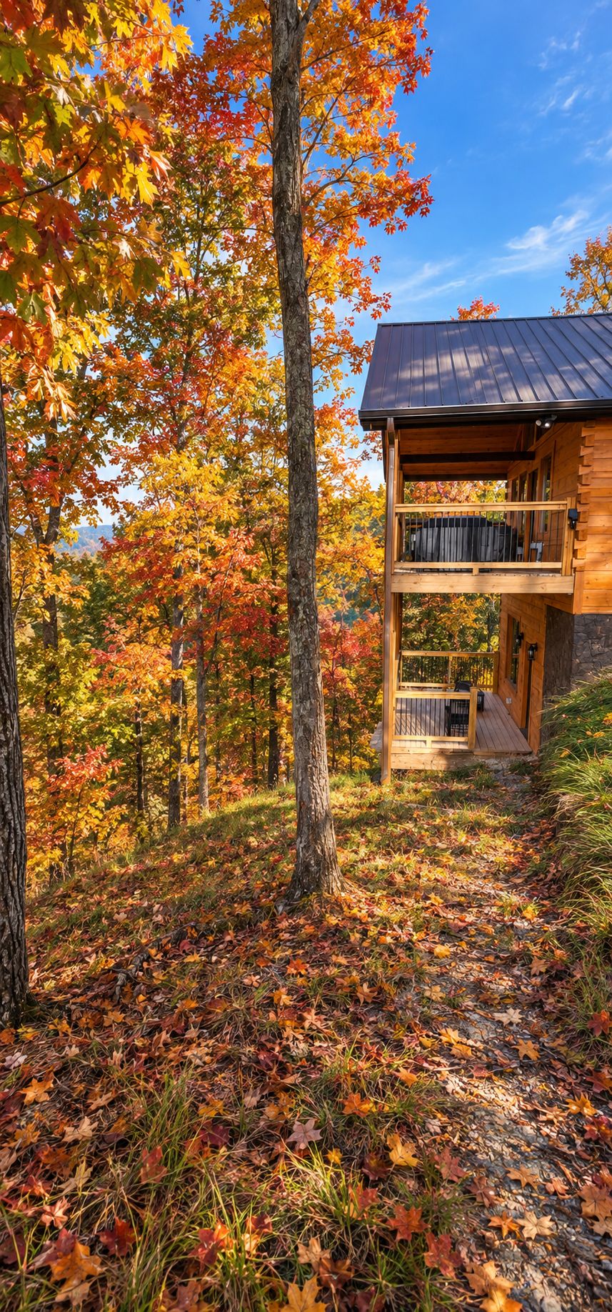 Uma cabana com deck de madeira e varanda, rodeada por folhagem outonal.