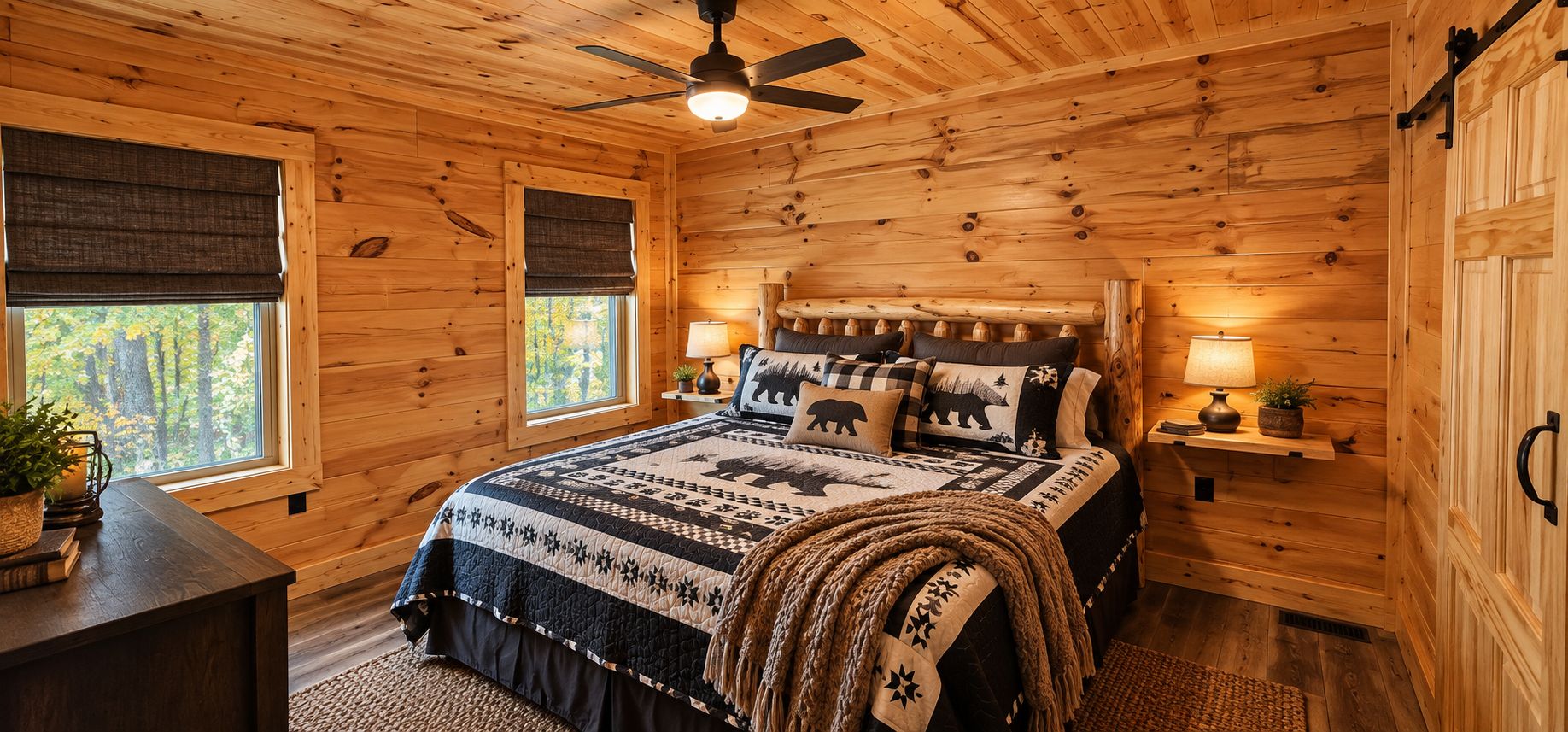 Ein Schlafzimmer in einer Blockhütte mit einem Bett, zwei Nachttischen, einem Deckenventilator und Fenstern mit Jalousien.