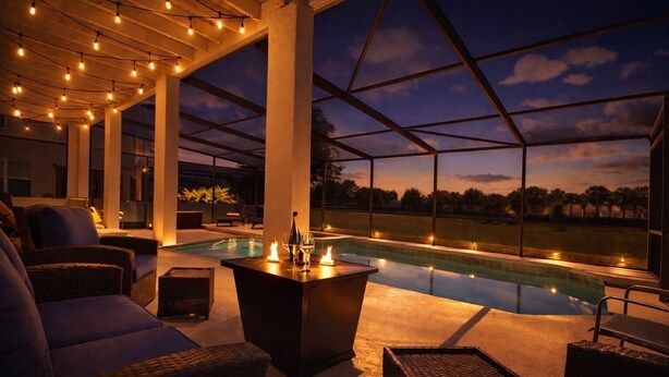 Un espace piscine extérieur avec des chaises longues, un bar éclairé aux chandelles et une vue sur le paysage.