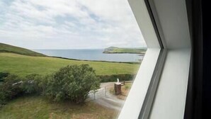 Vista desde una ventana sobre un paisaje herboso con una masa de agua y una isla distante.