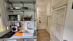 Microwave, coffee/tea maker, electric kettle, cookware/dishes/utensils