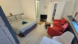 Ein modernes Schlafzimmer mit einem Bett, einem Fernseher und einem roten Schlafsofa.