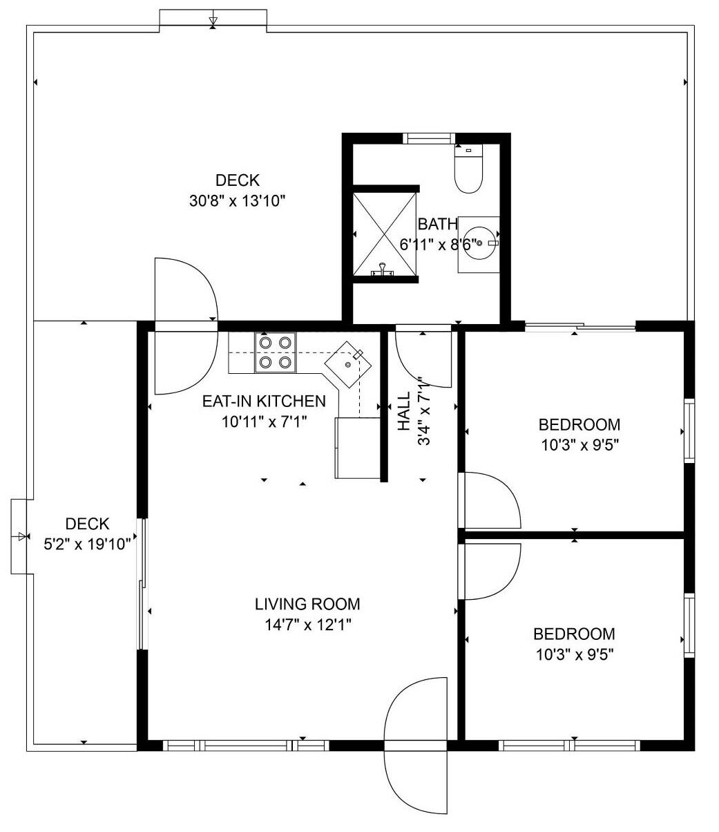 A floor plan with a living room, two bedrooms, an eat-in kitchen, a bathroom, and a hall.