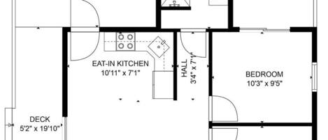 A floor plan with a living room, two bedrooms, an eat-in kitchen, a bathroom, and a hall.