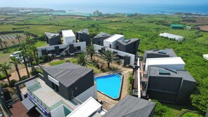 A modern resort with a swimming pool, palm trees, and a view of the ocean. - Yegerina Resort (Jeju City)
