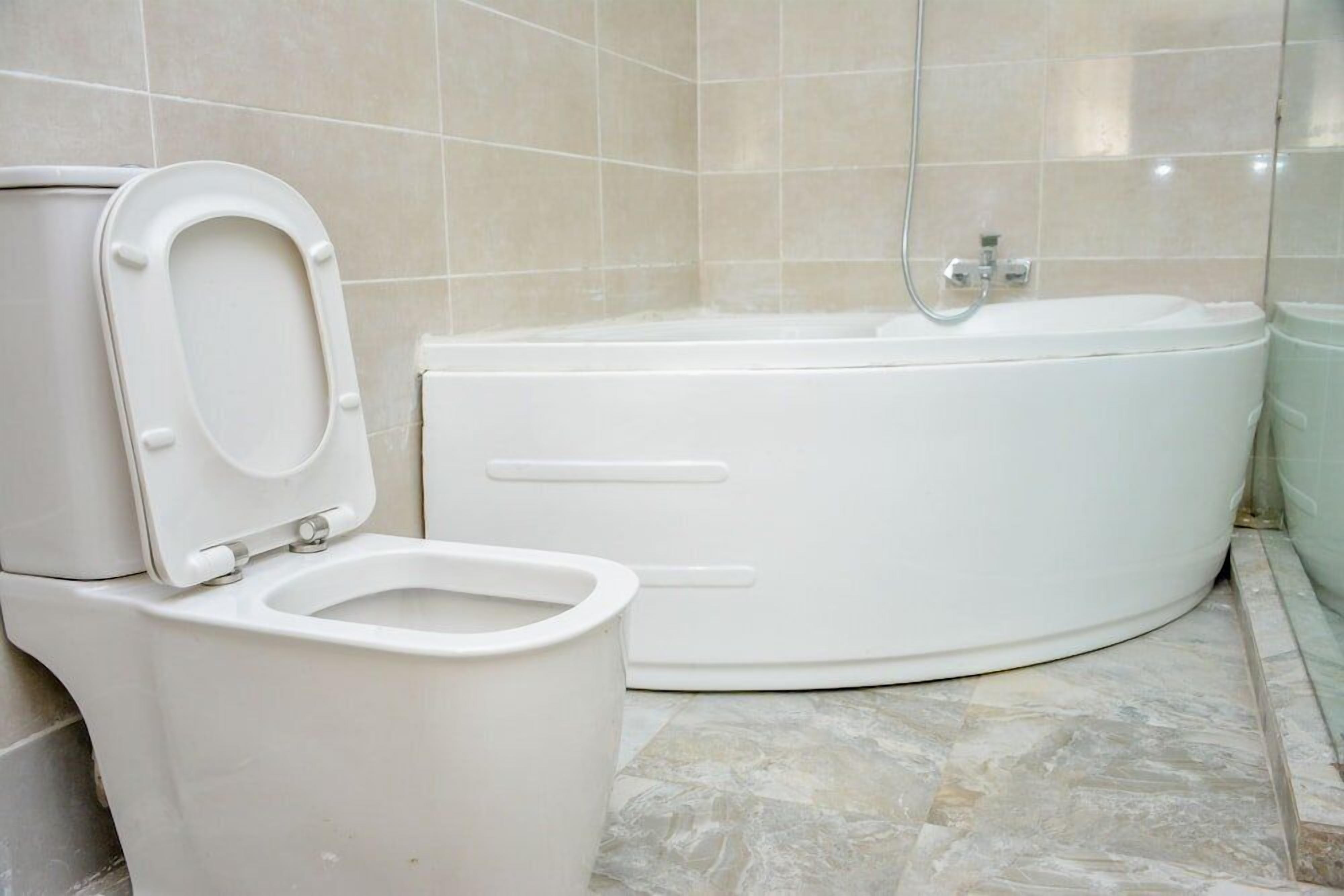 A bathroom with a toilet and a bathtub.