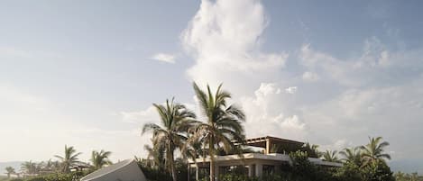 A modern building with a flat roof, surrounded by palm trees and a clear sky.