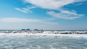 A coastal view with waves and distant landforms.