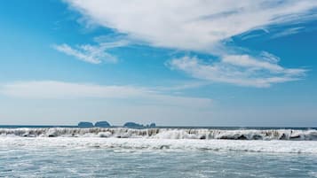 A coastal view with waves and distant landforms.