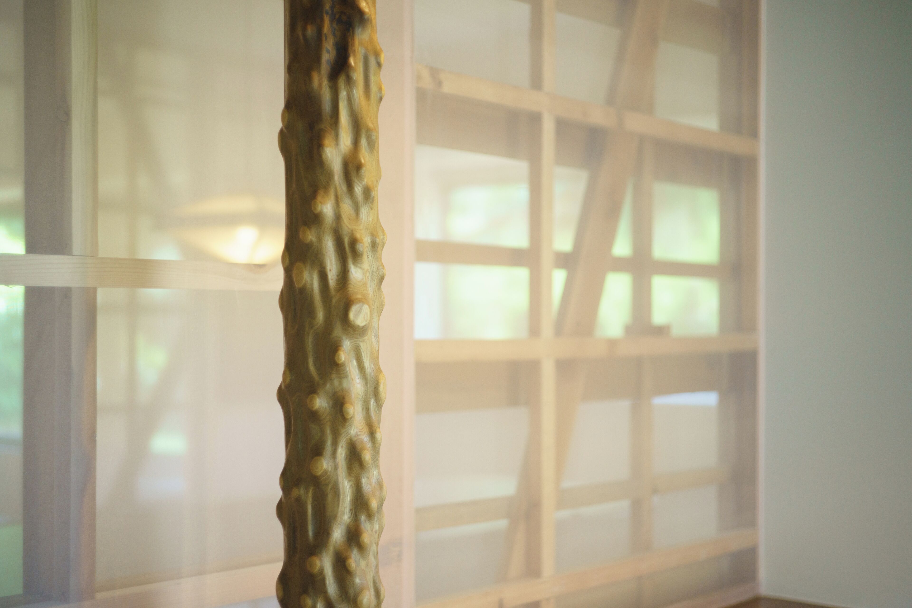A close-up of a textured sculpture in a room with a large window and a grid-like structure in the background.