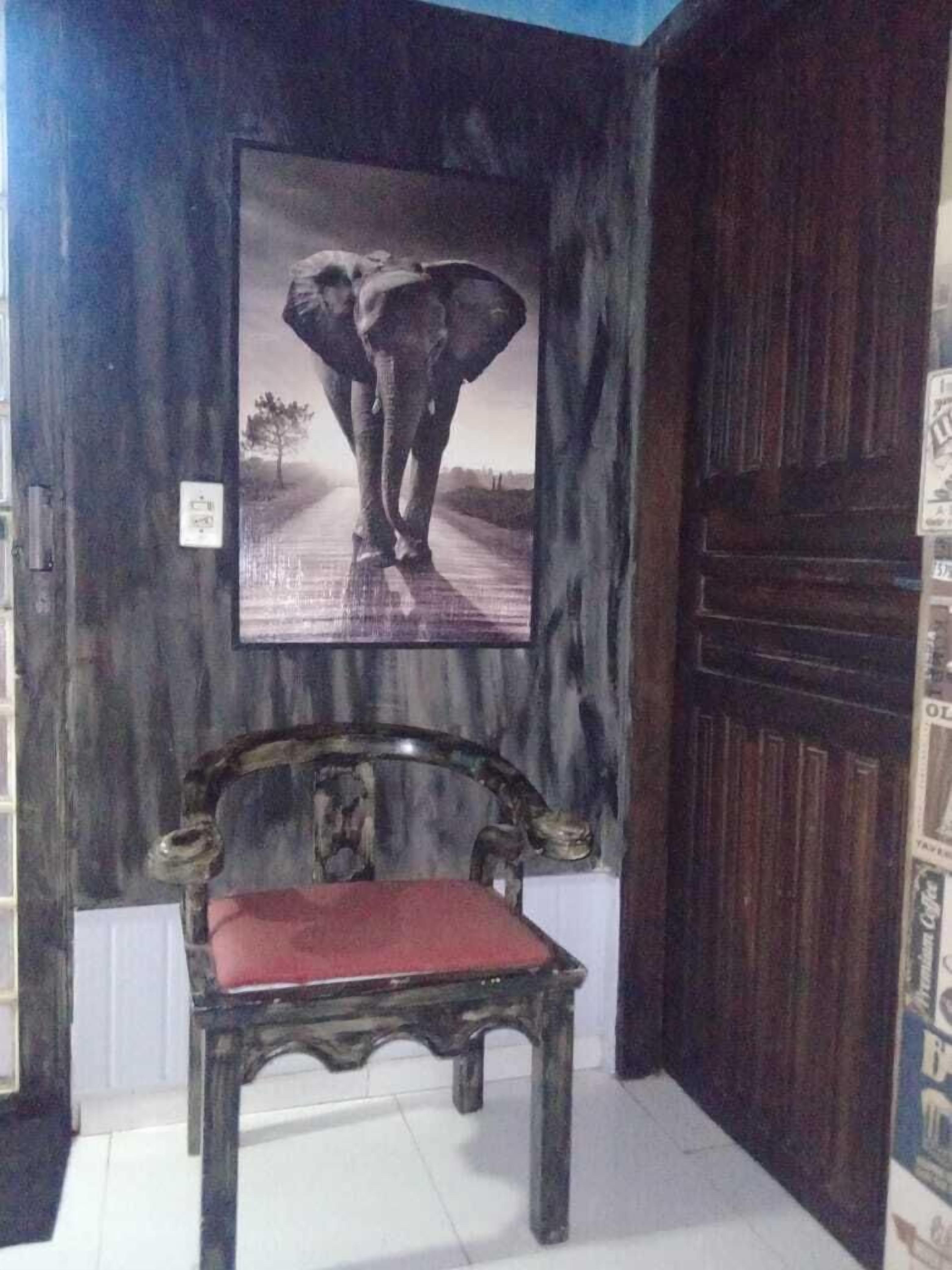 Una habitación con puerta de madera, un cuadro con un elefante en la pared y una silla de madera con cojín rojo.