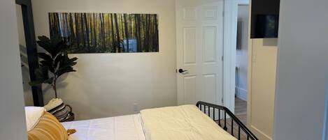 A bedroom with a bed, a ceiling fan, a painting, and a door leading to another room.