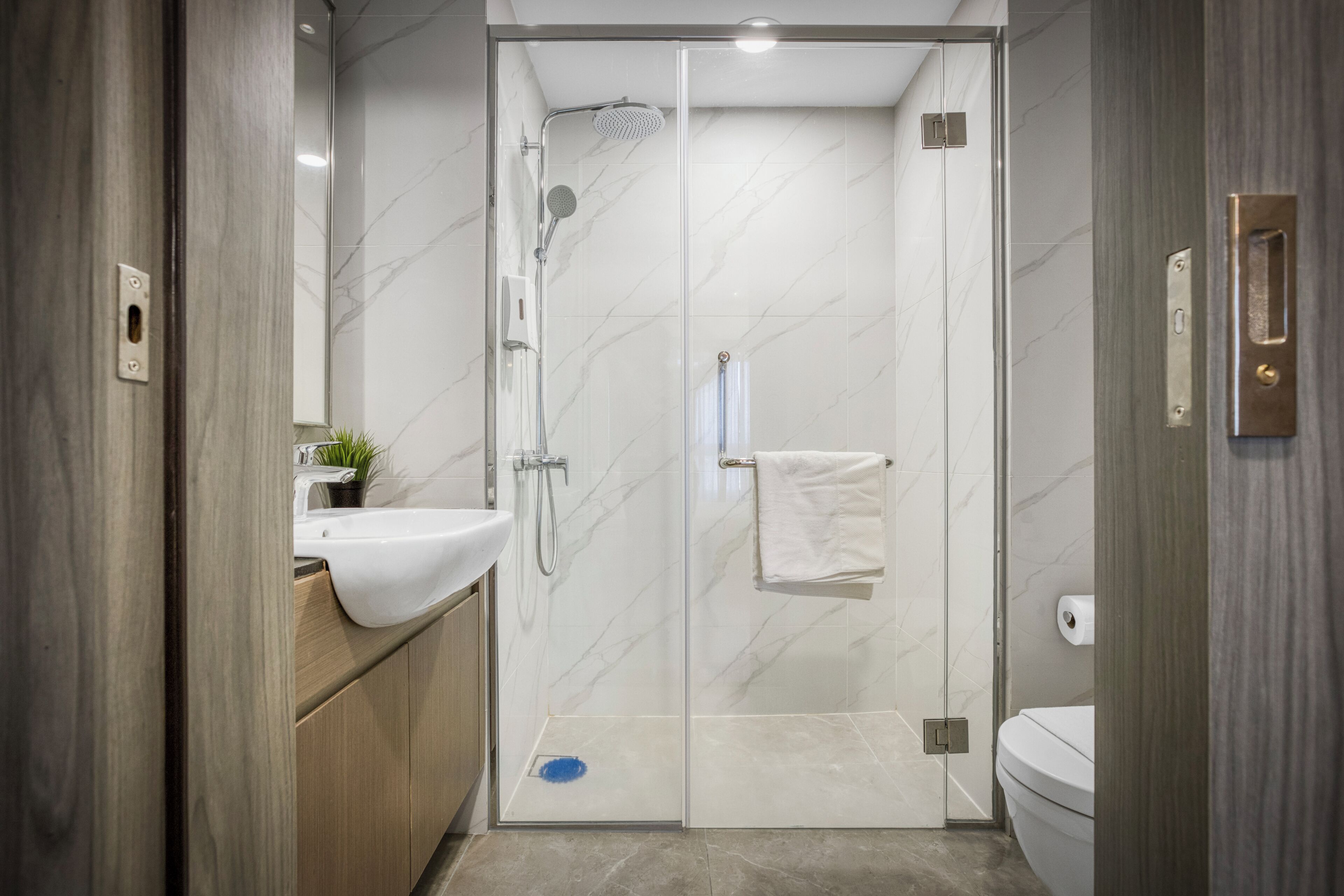 A modern bathroom with a glass-enclosed shower, a white sink, and a toilet.