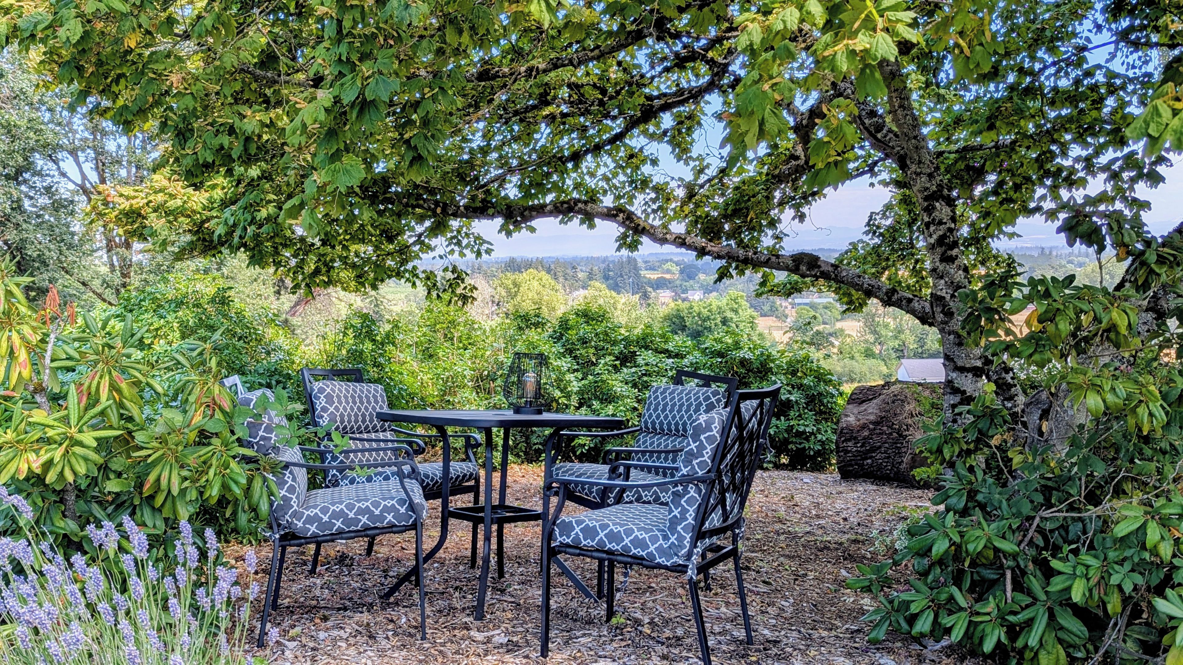 An outdoor seating area with a table and chairs, surrounded by lush greenery and a view of the landscape.