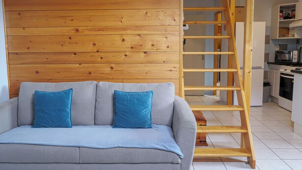 A modern living room with a grey sofa, blue cushions, and a wooden wall. A wooden ladder is visible in the background.