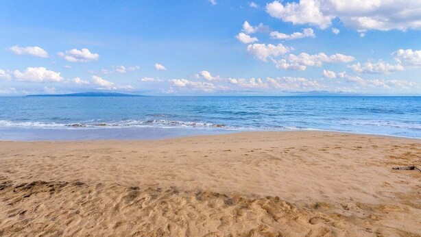 Una playa con cielo despejado y mar tranquilo.