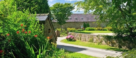 A rural setting with a stone building, a winding road, and lush greenery.