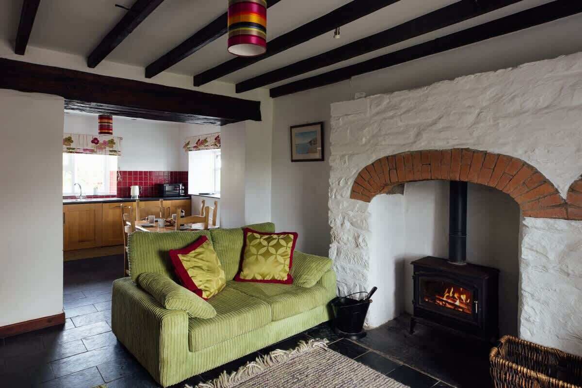Una sala de estar acogedora con un sofá verde, una chimenea y una cocina al fondo.