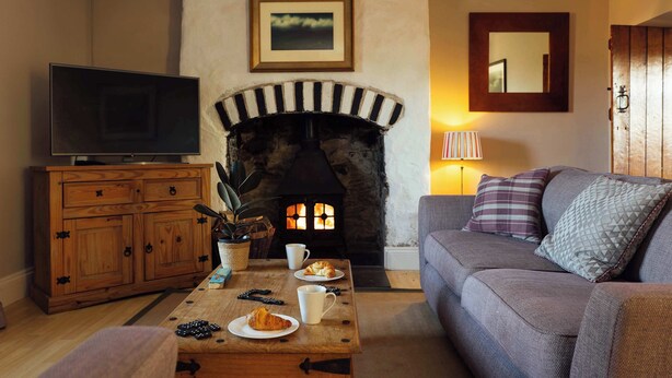 A cozy living room with a fireplace, a television, a sofa, and a coffee table with croissants.