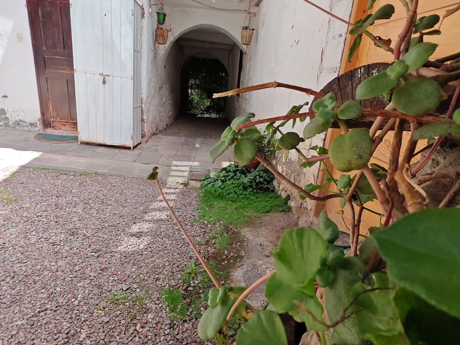 Un patio con un camino de grava, una puerta de madera y un armario blanco.