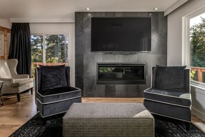 Smart TV, fireplace, books