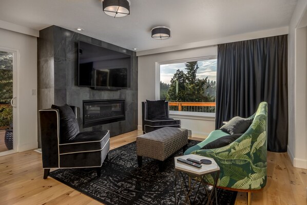 Smart TV, fireplace, books