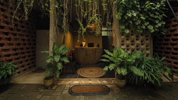 Jardí interior acollidor amb una gran bassina de pedra, plantes en testos i una cadira de fusta.