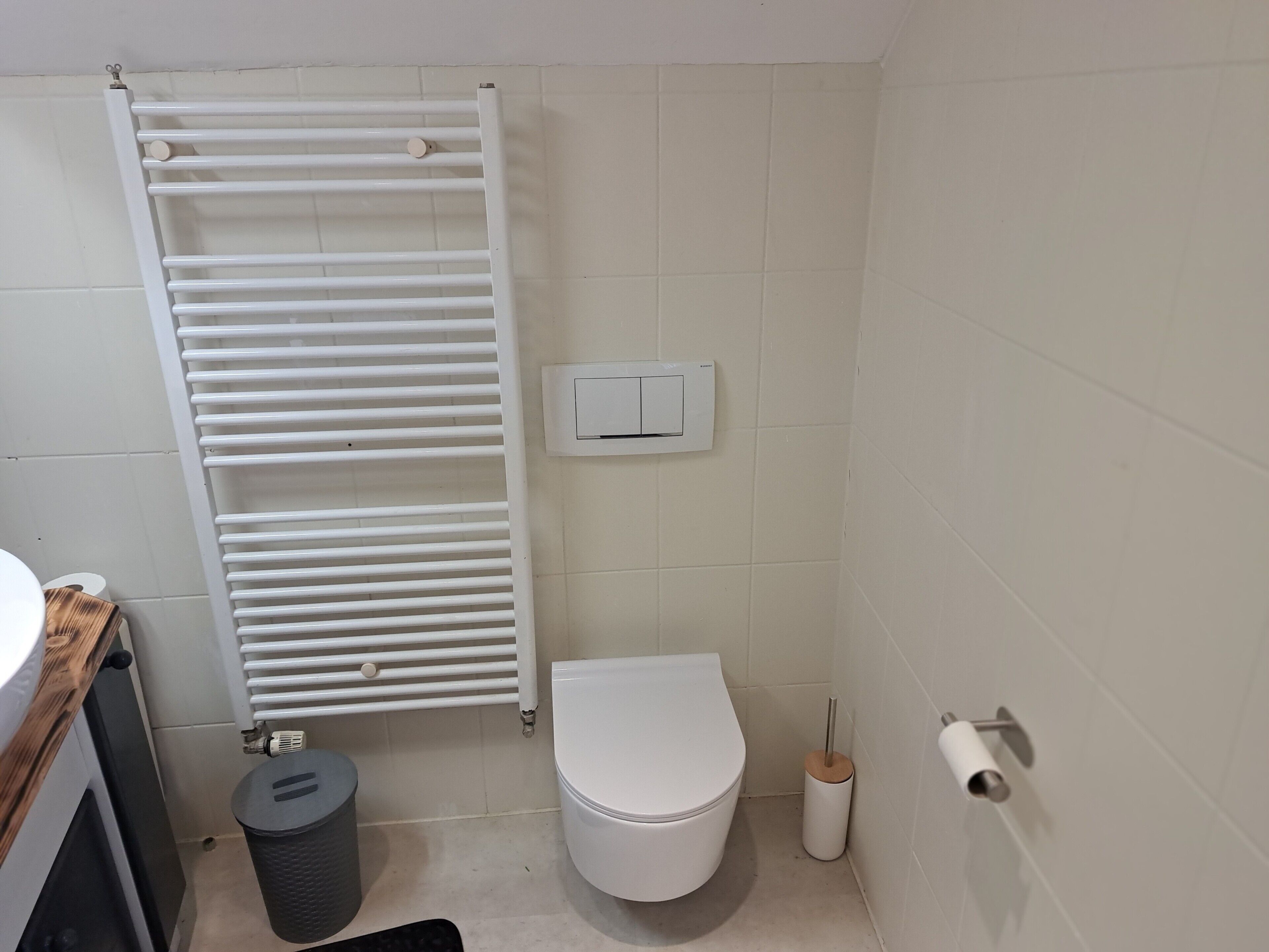 A small bathroom with a toilet, a radiator, a trash bin, and a toilet paper holder.