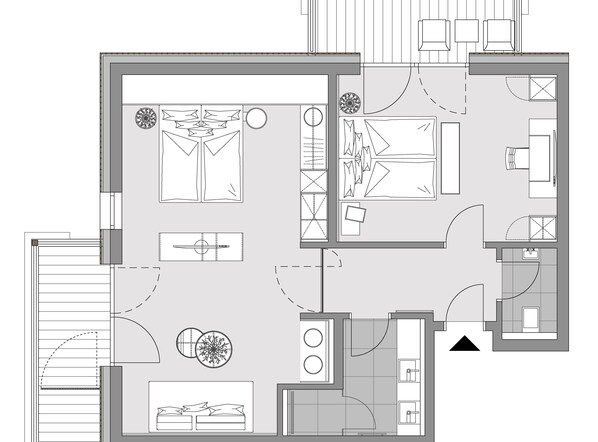 A floor plan of a hotel room with a bed, a desk, a chair, a small table, and a window. - Thurnerhof (Saalbach-Hinterglemm)
