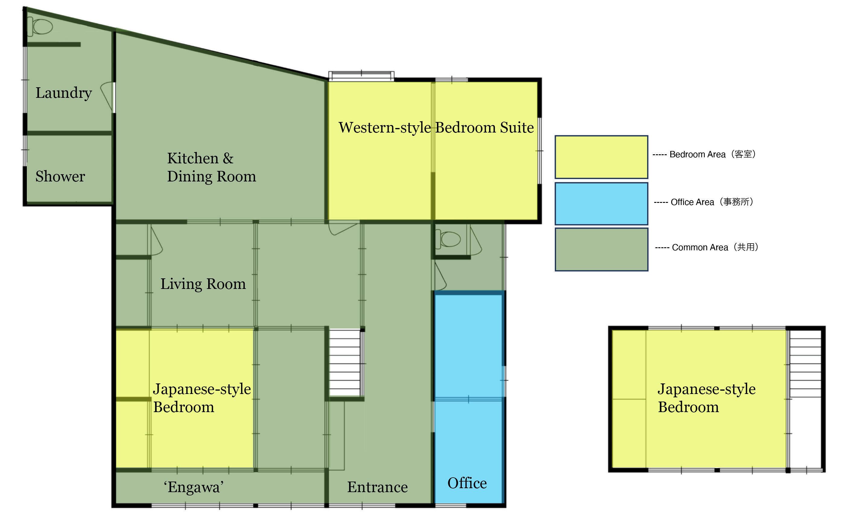 A floor plan with a Japanese-style bedroom, a Western-style bedroom suite, a kitchen, dining room, living room, and an office area.