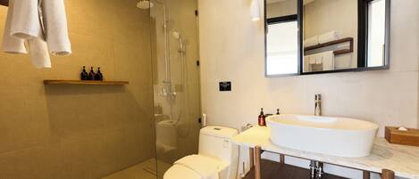 Een moderne badkamer met een douchecabine van glas, een wit toilet, een groot wastafel en een spiegel boven de wastafel.