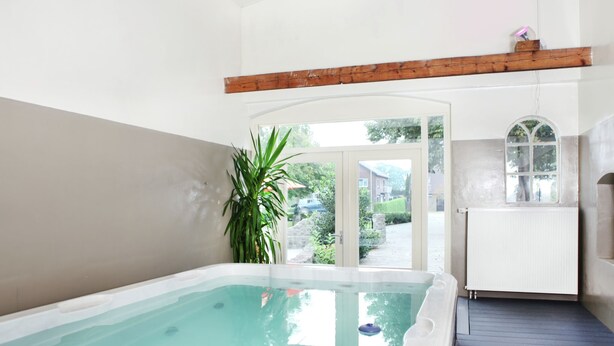 A spa area with a hot tub, wooden ceiling beams, a potted plant, and a view of the outside. - Cozy Holiday Home in Olst-wijhe With Swimming Pool (Olst)