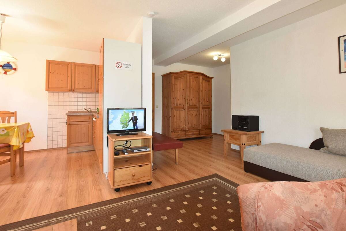 Un espace de vie compact comprenant un coin cuisine, un coin repas, un téléviseur posé sur un meuble en bois, un canapé et une armoire.