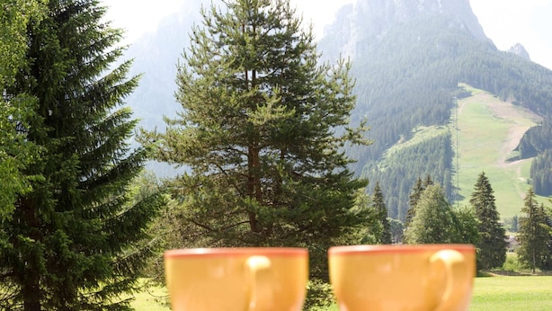 Two yellow cups on a wooden tray with a scenic mountain view in the background. - Spacious Chalet With Garden Near Ski Area in Tyrol (San Giovanni di Fassa)