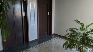 Un couloir doté d’un sol carrelé, d’une plante en pot et d’une porte équipée d’un panneau de commande.