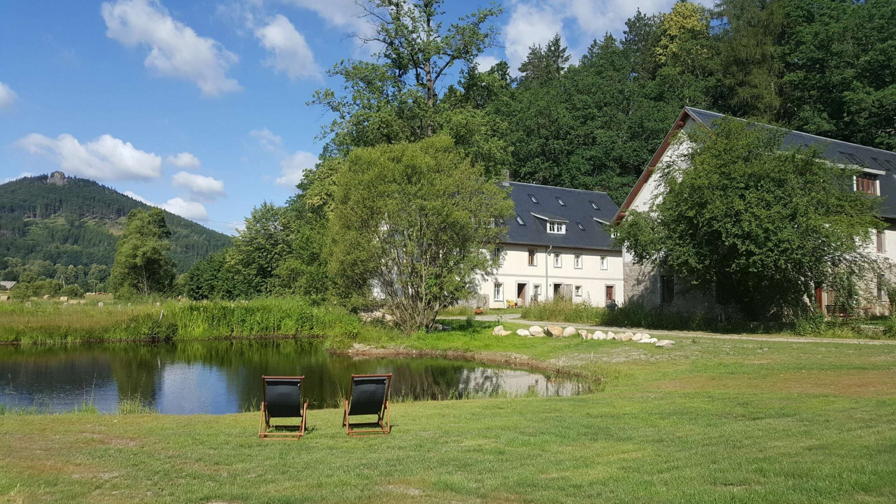 A house with a pond in front, surrounded by trees and a hill.