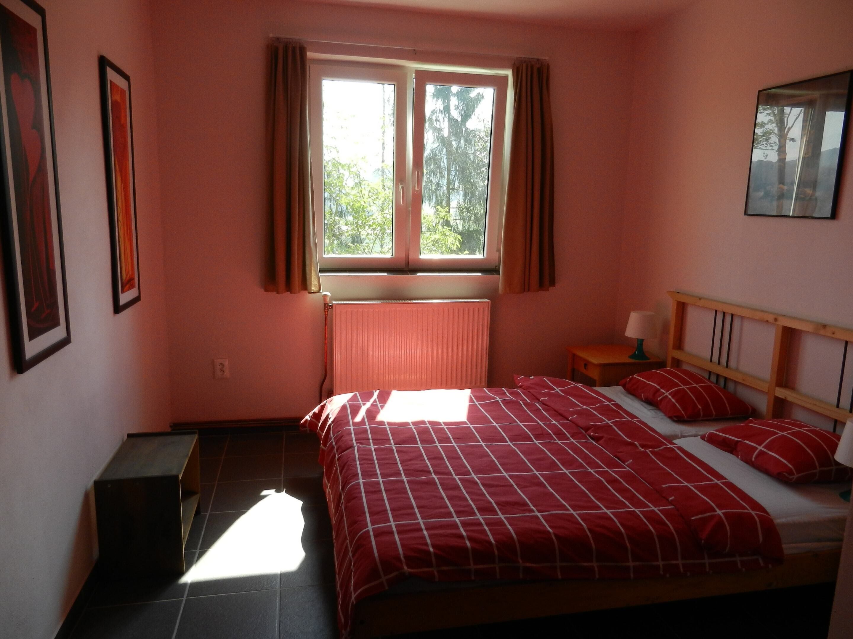 Une chambre à coucher avec un lit, une table de chevet, une fenêtre et un radiateur.