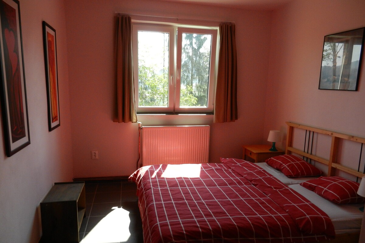 A bedroom with a bed, a window, a radiator, and a bedside table.