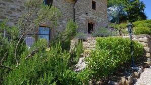 Un edificio in pietra con facciata rustica, un piccolo ingresso e un’area giardino con diverse piante e un lampione.