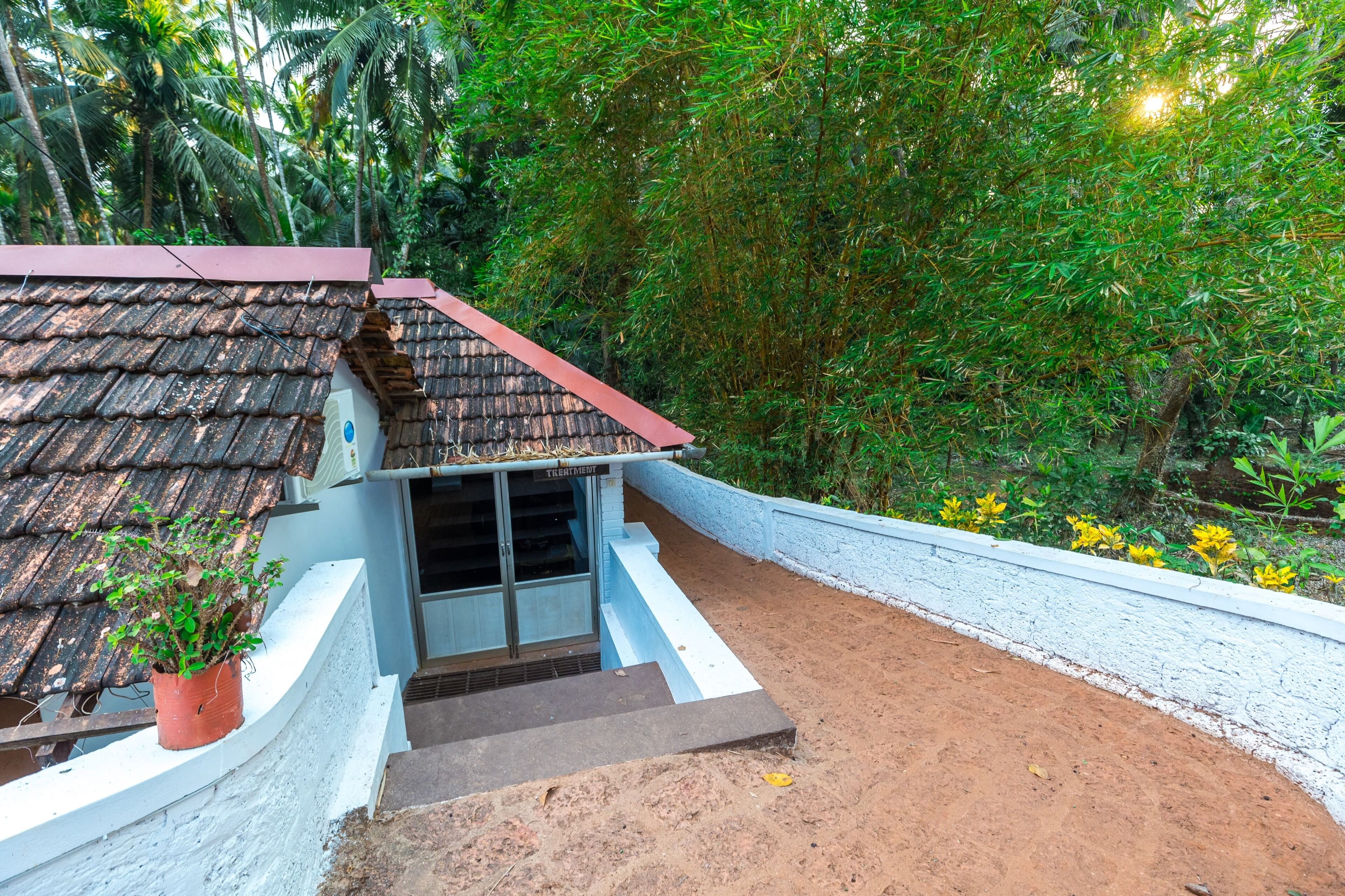 A small building with a tiled roof, surrounded by dense greenery and a white wall.