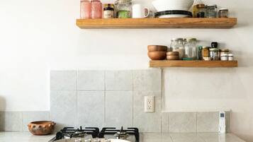 Fridge, stovetop, cookware/dishes/utensils