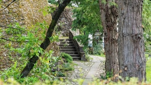 Un escalier en pierre menant à un mur de pierre, le tout entouré de verdure et d’arbres.