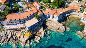 An aerial view of a coastal town with buildings on rocky cliffs overlooking clear blue waters. - Hotel Saraceno (Isola del Giglio)