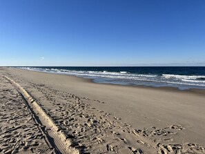 Une plage parsemée d’empreintes de pas et de traces de pneus, un ciel dégagé et l’océan en toile de fond.
